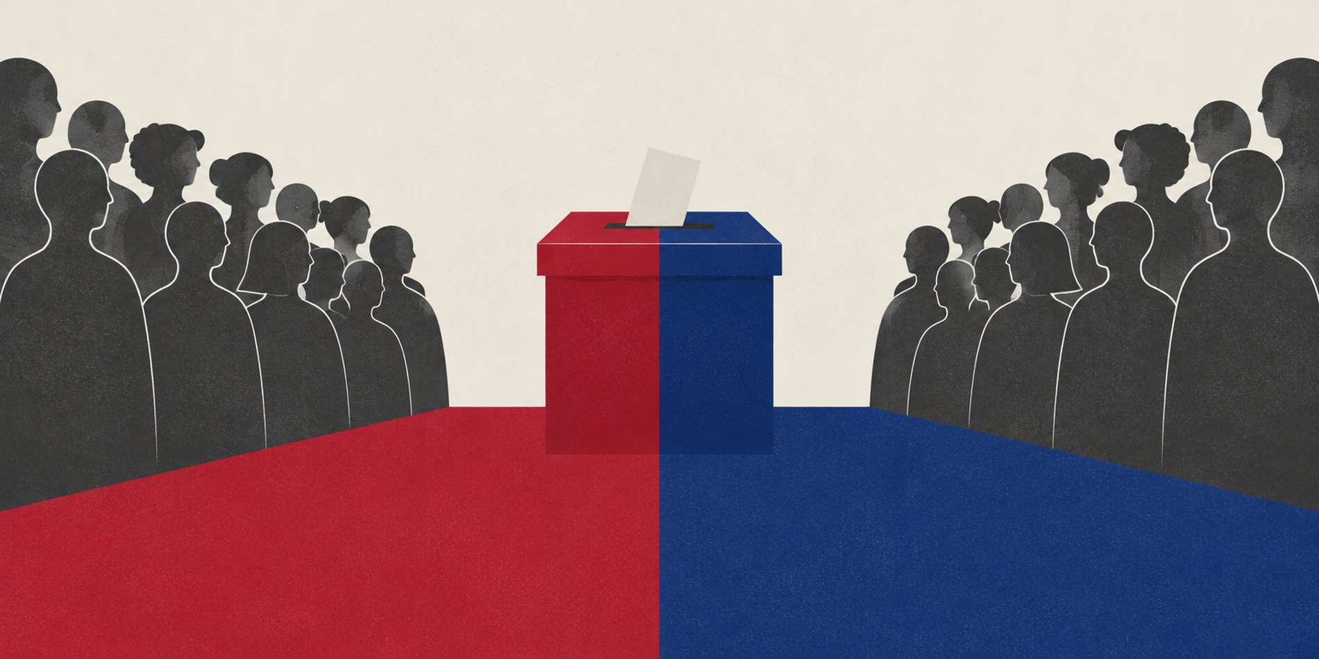 Ilustração: duas filas de eleitores despejando tinta vermelha de um lado e azul do outro sobre uma urna, que fica dividida ao meio