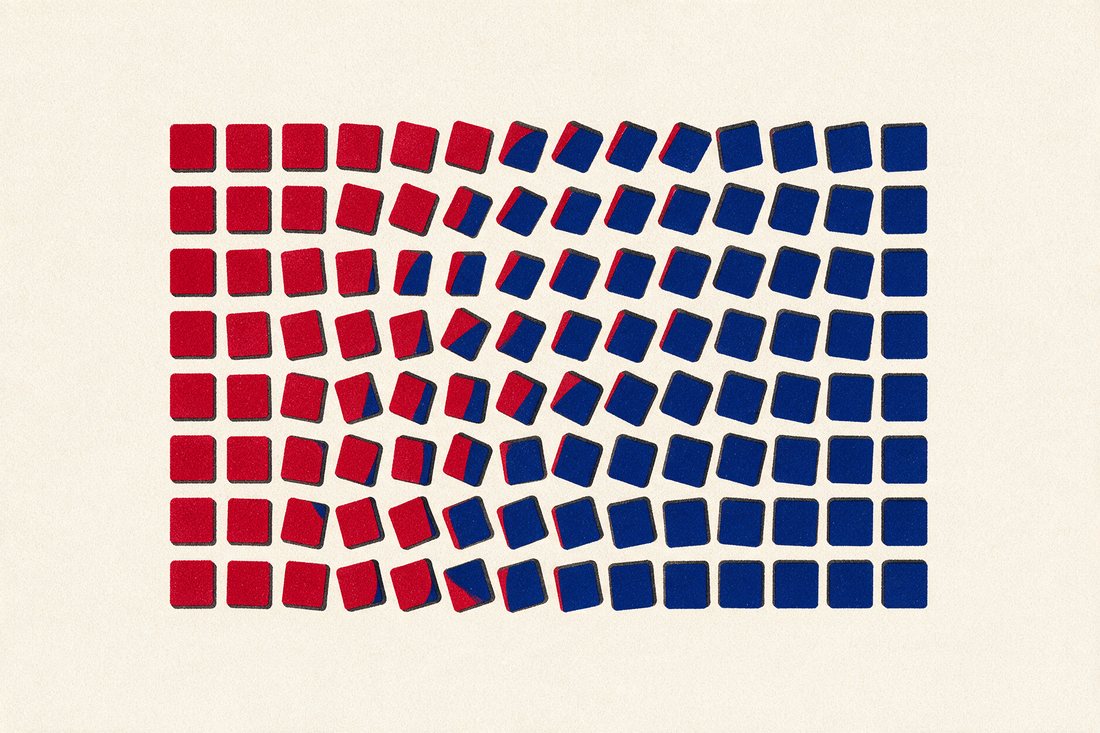 Mosaico de quadrados virando de vermelho para azul, da esquerda para a direita